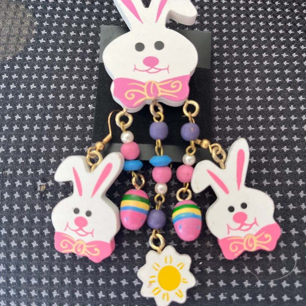 Cute Bunny Brooch and matching Dangle Earrings with Pink and Purple Accents